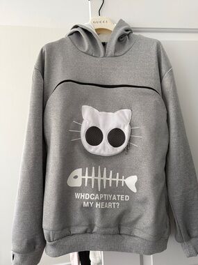 Gray Cat-Face Pet Hoodie with Fishbone Graphic